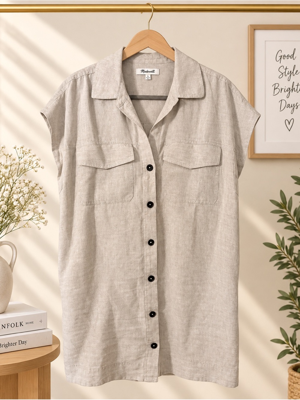 Madewell Beige Linen Button-Front Short Sleeve Dress